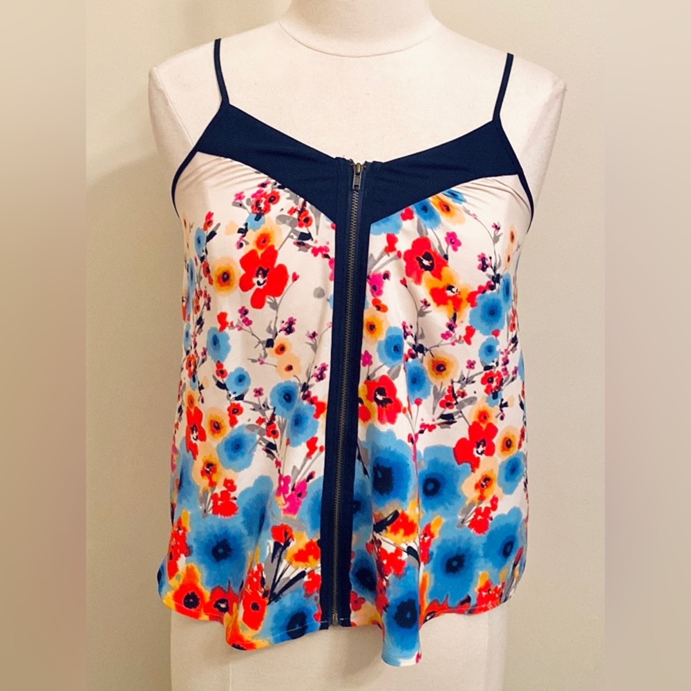 LC Lauren Conrad Blue Red Yellow Floral SZ S Whimsical Romantic Silky Tank Top
